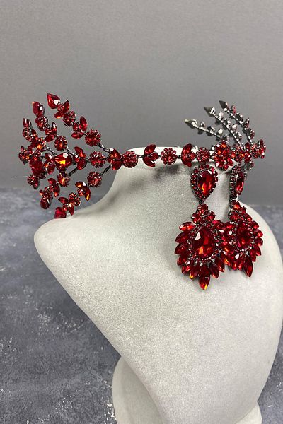 Hayalperest boncuk Red Helenist Bridal Henna Crown and Shuttle Stone Earring Set