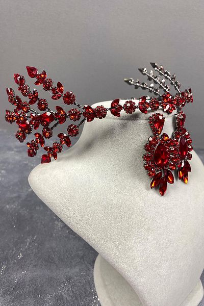 Hayalperest boncuk Red Helenist Double Sided Bridal Henna Crown and Jewelled Earring Set