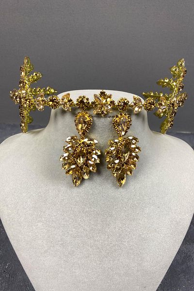 Hayalperest boncuk Honey Colored Hellenist Double Sided Bridal Henna Crown and Earring Set