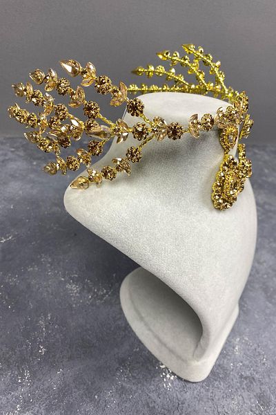 Hayalperest boncuk Honey Colored Hellenist Bridal Henna Crown and Shuttle Earring Set