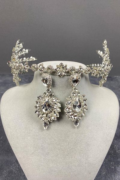 Hayalperest boncuk Silver Hellenist Double Sided Bridal Henna Crown and Earring Set