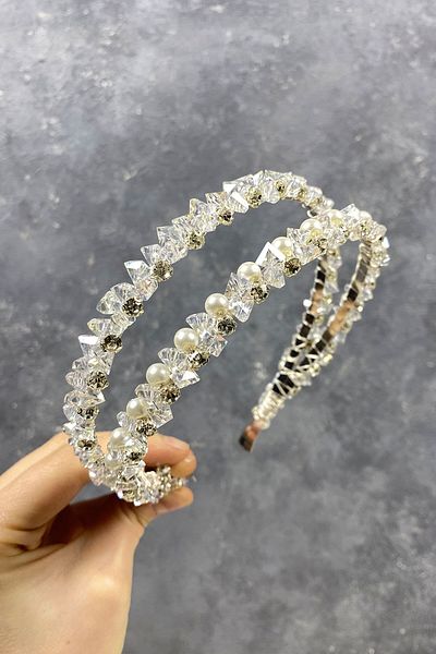 Hayalperest boncuk Crystal Stone Pearl Double Row Hair Accessory Bridal Crown