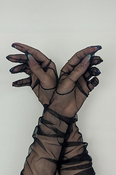 Hayalperest boncuk Siyah Uzun Tüllü Gelin Eldiveni ve Puantiyeli Şapkası