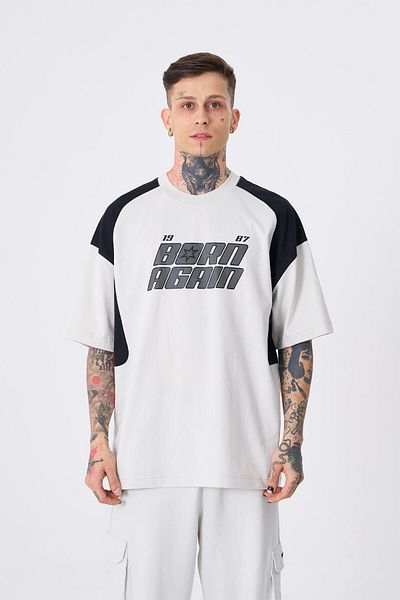 Machinist Men's Contrast Shoulder Detail Printed Oversize Gray T-Shirt