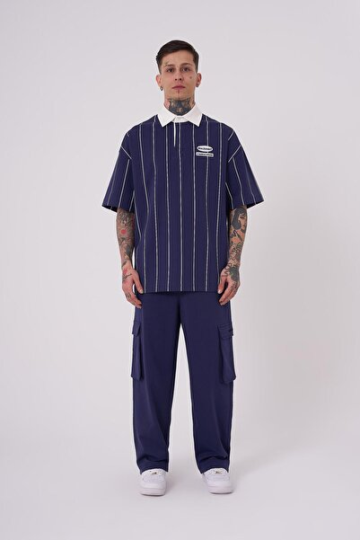 Machinist Men's 87 Baseball Polo Collar Navy Blue T-Shirt