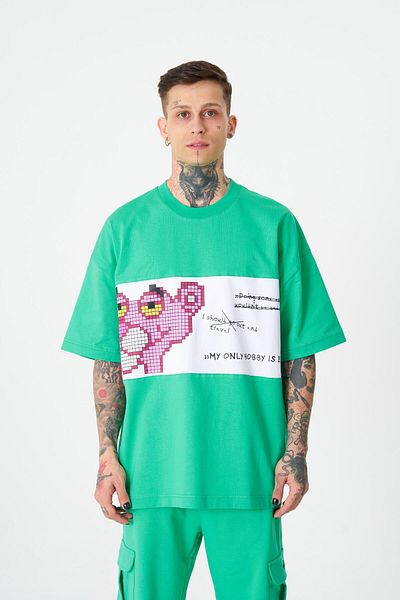 Machinist Men's Pink Panther Printed Oversize Light Green T-Shirt