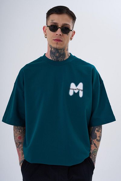 Machinist Men's M Spray Printed Oversize Petrol Green T-Shirt
