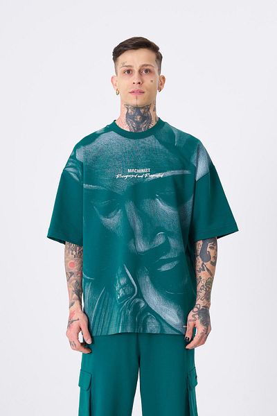 Machinist Men's Recognized Printed Oversize Petrol Green T-Shirt