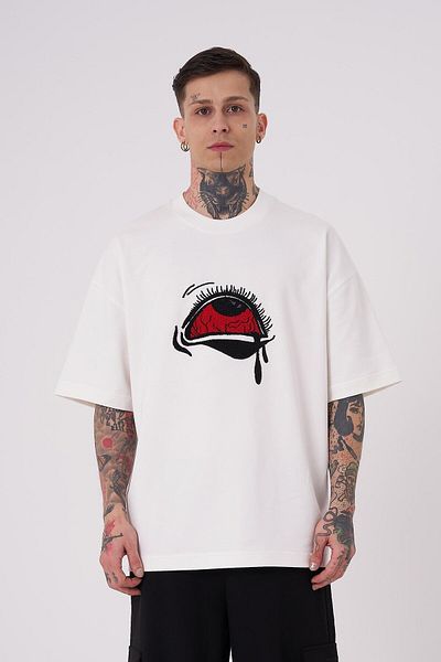 Machinist Men's Tired Eyes Embroidered Oversize Ecru T-Shirt