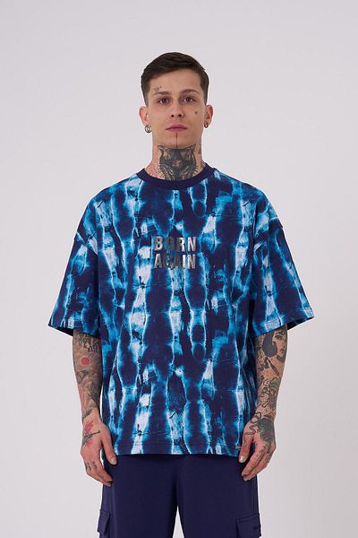Machinist Men's Batic Printed Oversize Navy Blue T-Shirt