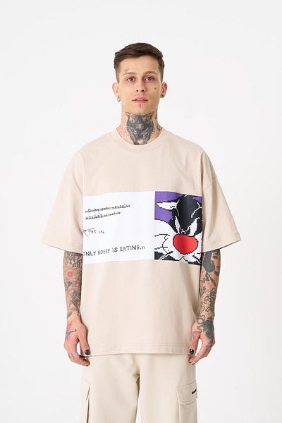 Machinist Tricou pentru bărbați cu imprimeu Sylvester, oversize, bej deschis
