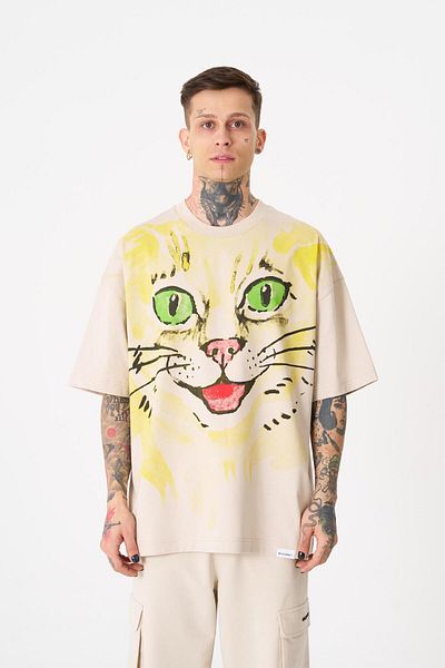 Machinist Ανδρικό μπλουζάκι Runaway Cat με στάμπα Oversize ανοιχτό μπεζ