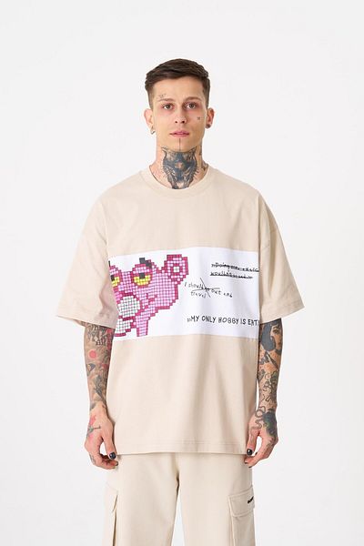 Machinist Tricou supradimensionat cu imprimeu pantera roz pentru bărbați, bej deschis