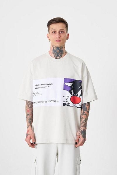 Machinist Tricou gri supradimensionat cu imprimeu Sylvester pentru bărbați