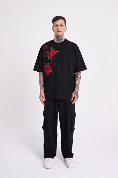 Machinist Ανδρικό Sneaking Roses Κεντημένο Oversize Μαύρο T-Shirt