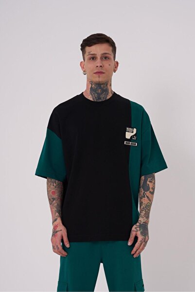 Machinist Ανδρικό μπλουζάκι με τεχνικό κέντημα oversized μαύρο πετρελαιοπράσινο