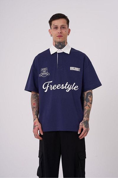 Machinist Men's Freestyle Polo Collar Navy Blue T-shirt