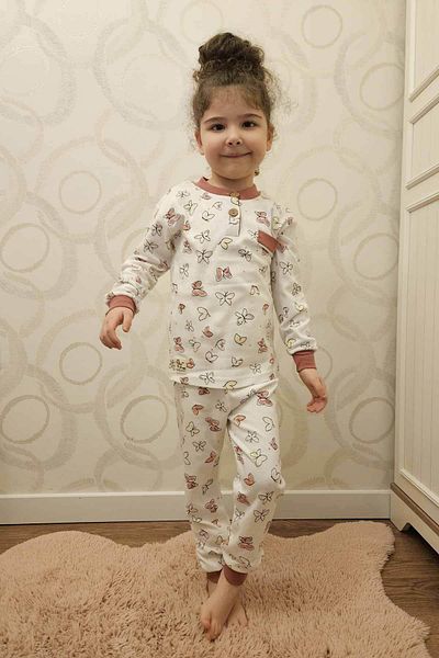 Peki Girl's Butterfly Patterned Soft Cotton Pajama Set - Coral Nightgown and Dressing Gown Gift 15317