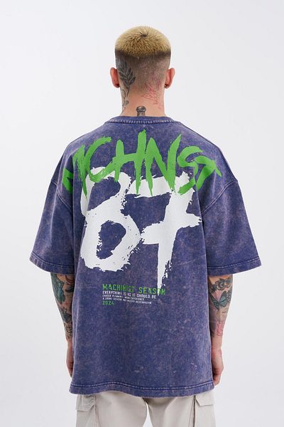 Machinist Tricou cu pete supradimensionat albastru bleumarin - Imprimat cu pensula spălat pentru bărbați