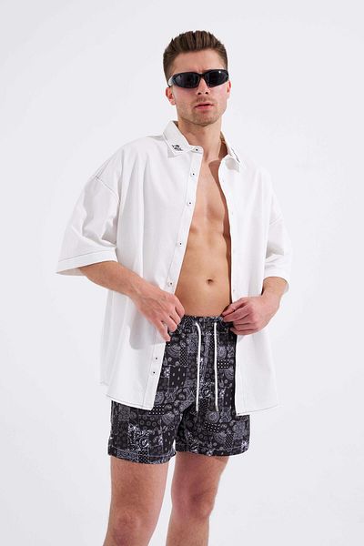 Machinist Men's Black Swim Shorts - Patchwork Lines Printed