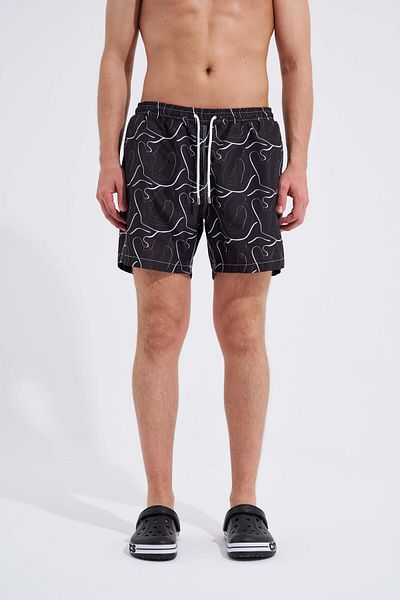 Machinist Men's Black and White Striped Printed Swim Shorts