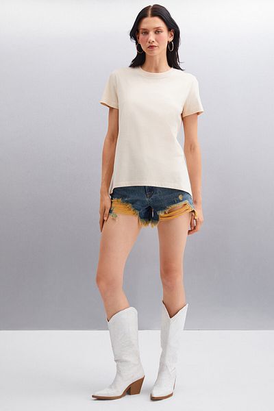 GRIMELANGE Samantha Damen-T-Shirt aus 100 % Bio-Baumwolle, bequeme Passform, lange Rückseite, Basic-Strick-Beige-T-Shirt