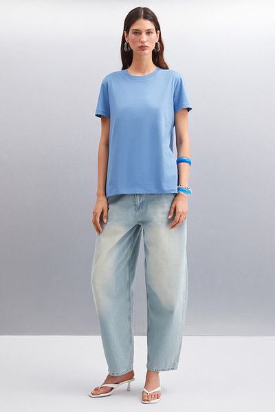 GRIMELANGE Samantha Women - 100% Organic Cotton Indigo Basic T-shirt, μακριά πλάτη, Comfort Fit