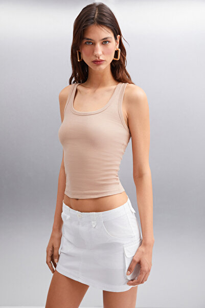 GRIMELANGE Romına Kadın Fitilli Esnek Kumaşlı Vücudu Saran Organik Pamuklu Bej Atlet
