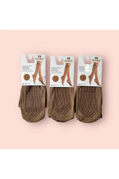 Dore Women's Bronze Color Anti-Slip Hajj and Umrah Tawaf Socks Knee Socks 3-Piece