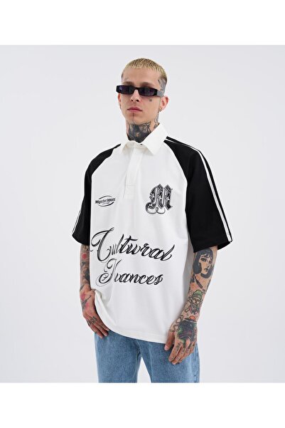 Machinist Ecru Black Polo Neck Men's T-Shirt - Striped Sleeves Printed