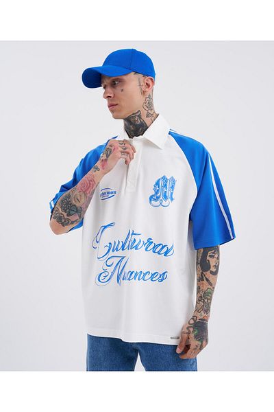 Machinist Ecru Blue Polo Neck Men's T-Shirt - Striped Sleeves Printed