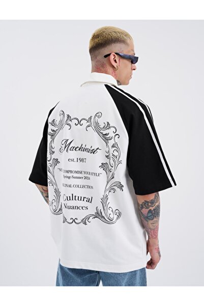 Machinist Ecru Black Polo Neck Men's T-Shirt - Striped Sleeves Printed