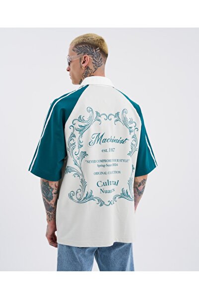 Machinist Gray Petrol Polo Neck Men's T-Shirt - Striped Sleeves Printed