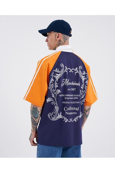 Machinist Navy Blue Orange Men's Polo Collar T-Shirt - Printed Striped Sleeves