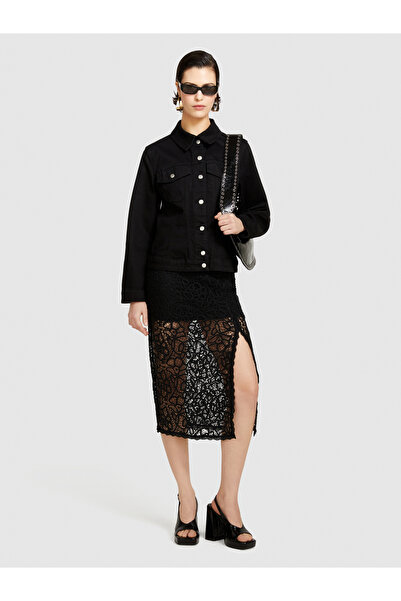 Sisley Μαύρο βαμβακερό μείγμα - Γυναικείο τζιν μπουφάν με τσέπες και κουμπώματα