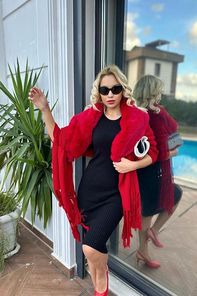 For Angels Red Collar Fur Tassel Poncho2370503STD