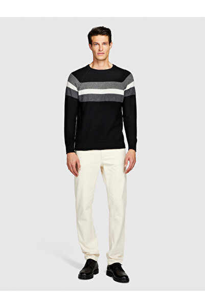 Sisley Μαύρο ριγέ ανδρικό πουλόβερ από βαμβάκι