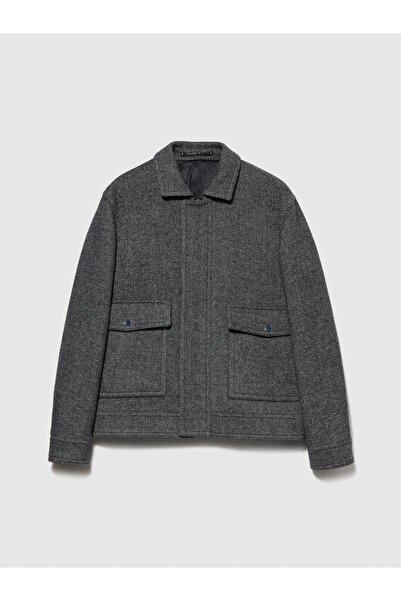 Sisley Ανδρικό παλτό από μαλλί ανθρακί με σχέδιο ψαροκόκαλο κανονική εφαρμογή