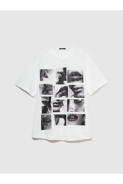 Sisley Tricou alb cu guler rotund - 100% bumbac, cu imprimeu cu folie