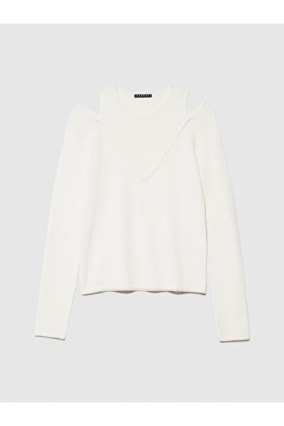 Sisley Γυναικείο Πουλόβερ Κρεμ Βισκοζέ - Στενό Πουλόβερ με Λεπτομέρεια Παραθύρου