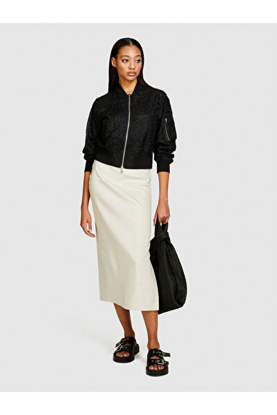 Sisley Black Lace Motif Women's Bomber Jacket - Patch Pocket and Zipper