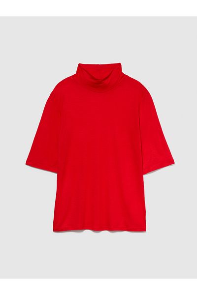 Sisley Red Wool Blended Women's T-shirt - Stand Collar