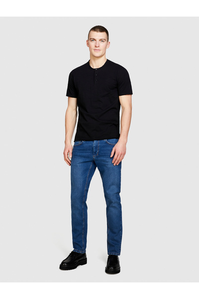 Sisley Negru pentru bărbați cu bumbac 100% nasturi guler rotund slim fit Slub tricou