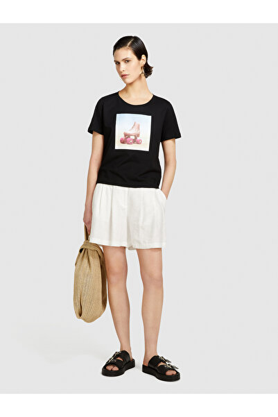 Sisley Black Crew Neck 100% Cotton Photo Printed Women's T-shirt