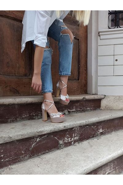 DS AYAKKABI Nude Satin Platfrom Leaf Stone Cross Strap Women's Heeled Shoes