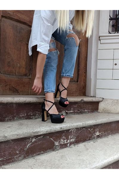 DS AYAKKABI Black Satin Platform Cross Strap Women's Heeled Shoes