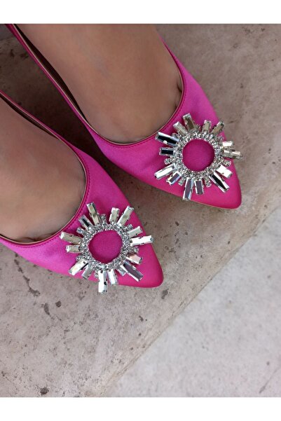 Atelierby DS Kadın Fuşya Saten Topuk Güneş Taşlı Topuklu Ayakkabı