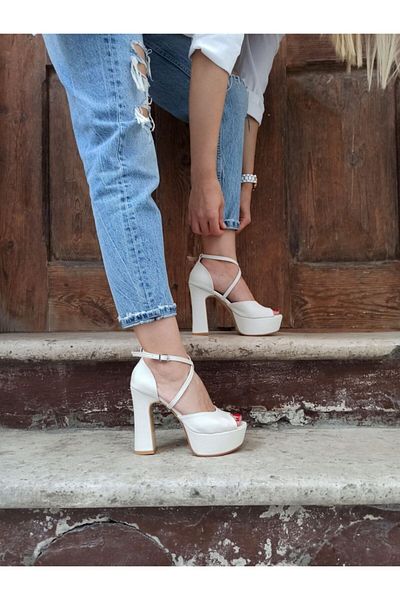 DS AYAKKABI Sedef Satin Platform Cross Strap Women's Heeled Shoes