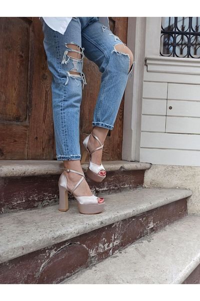 DS AYAKKABI Nude Satin Platform Cross Strap Women's Heeled Shoes