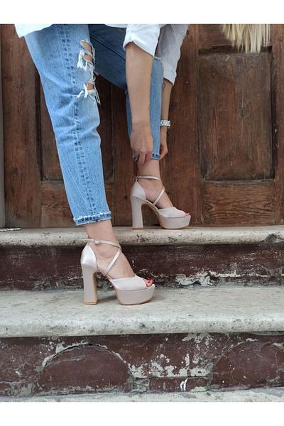 DS AYAKKABI Nude Satin Platform Cross Strap Women's Heeled Shoes